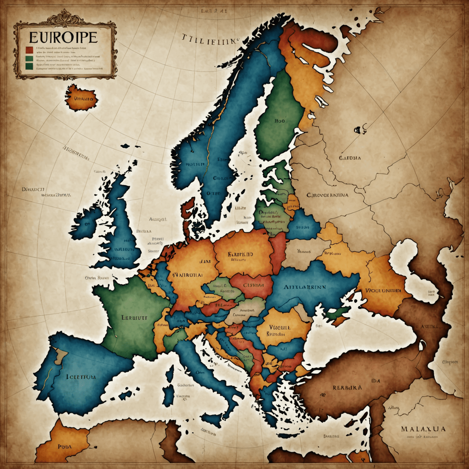 Eine Karte von Europa mit hervorgehobenen Ländern, die Vignetten benötigen. Verschiedene Vignetten-Designs sind um die Karte herum angeordnet.